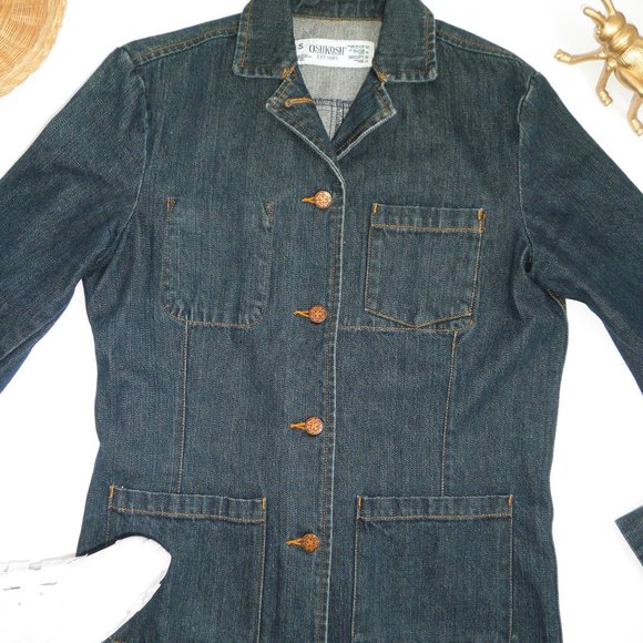 RARE Vintage OSHKOSH Dark Denim Chore Coat 90's Barn Utility Jacket S - Picture 2 of 7